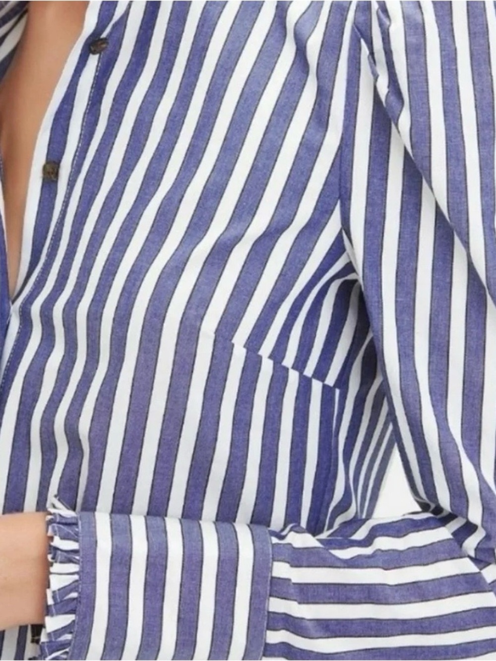 Veronica Beard Holli Blue and White Striped Ruffle Collar Button-Down Shirt - Picture 3 of 8